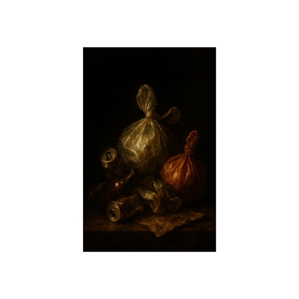 Two knotted plastic bags and crushed cans on a dark table. The Knotted Offering by Garabaggio, fine art print hanging in a room.