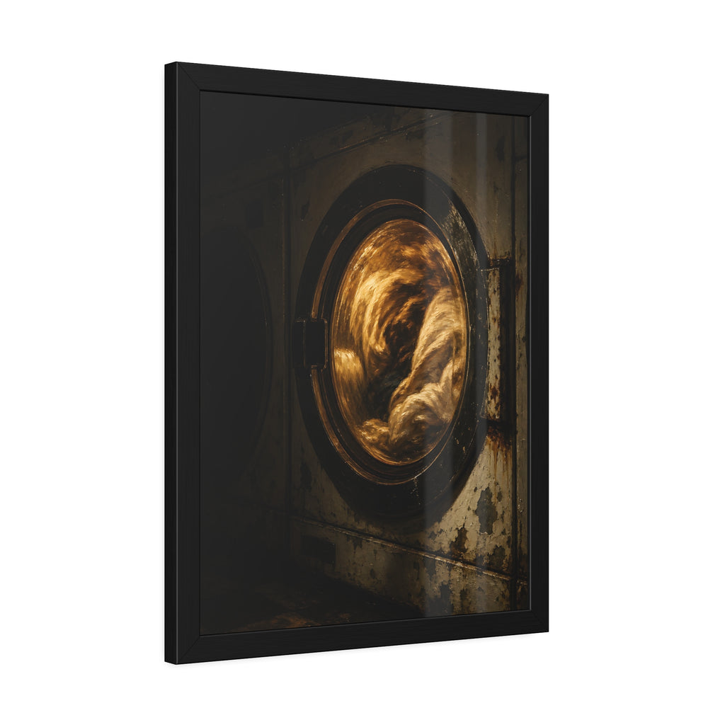 A washer drum tumbling laundry lit amber behind its glass door. The First Spin by Garabaggio, framed fine art print hanging in a room.