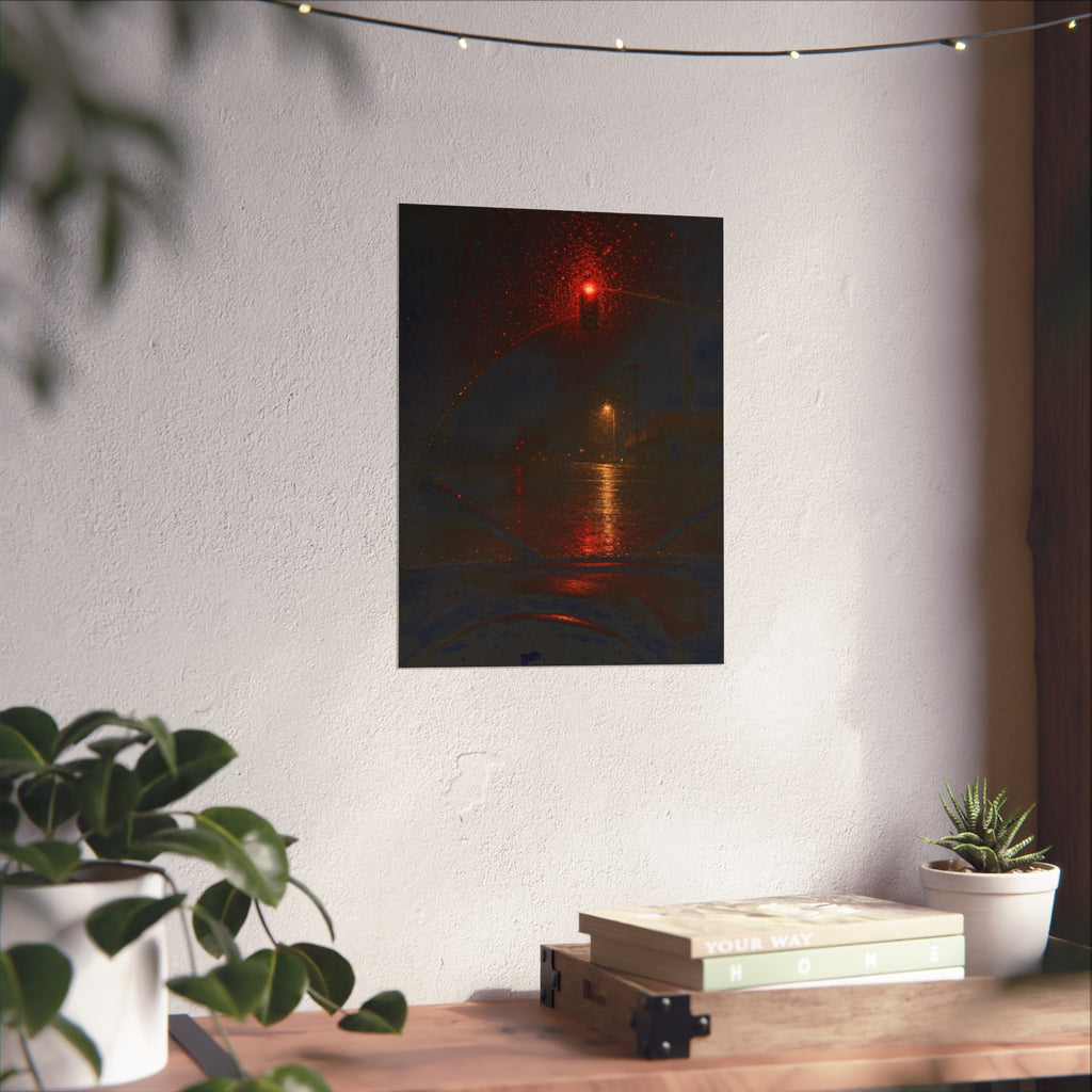 A red traffic light seen through a rain beaded windshield at night. The Windshield at the Red Light by Garabaggio, fine art print hanging in a room.