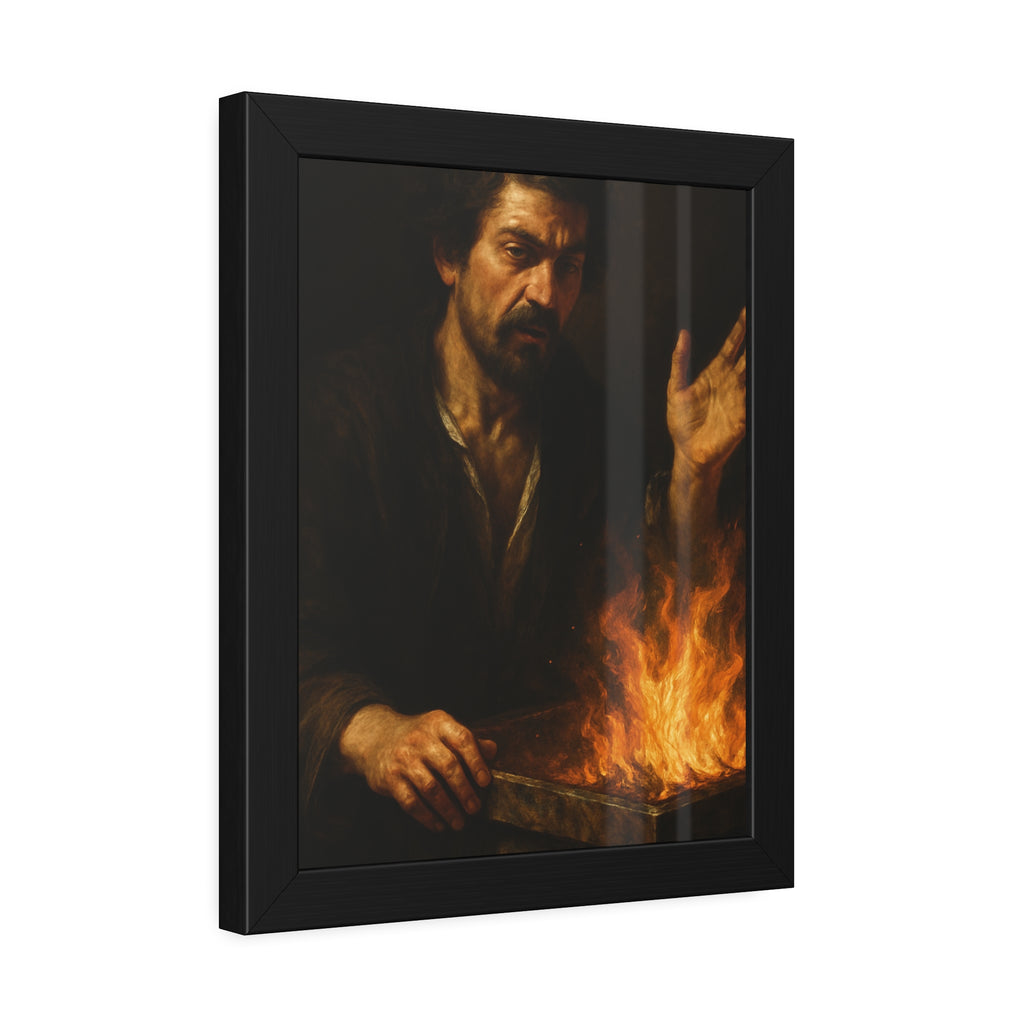 Man holding one hand high over the flames of an open burning bin. Self-Portrait Commanding the Light by Garabaggio, framed fine art print hanging in a room.