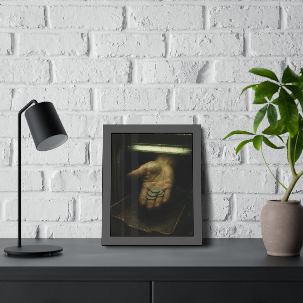 An open palm holding coins over a metal tray under a fluorescent tube. The Nickel Rendered by Garabaggio, framed fine art print hanging in a room.