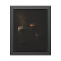 Four small metal discs on a dark scuffed surface in a narrow beam of light. Metals After the Song by Garabaggio, framed fine art print, 11″ x 14″.