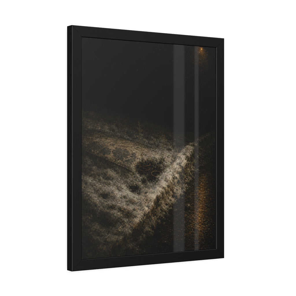 A discarded mattress half buried in snow, a distant streetlight behind. The White Burial by Garabaggio, framed fine art print hanging in a room.