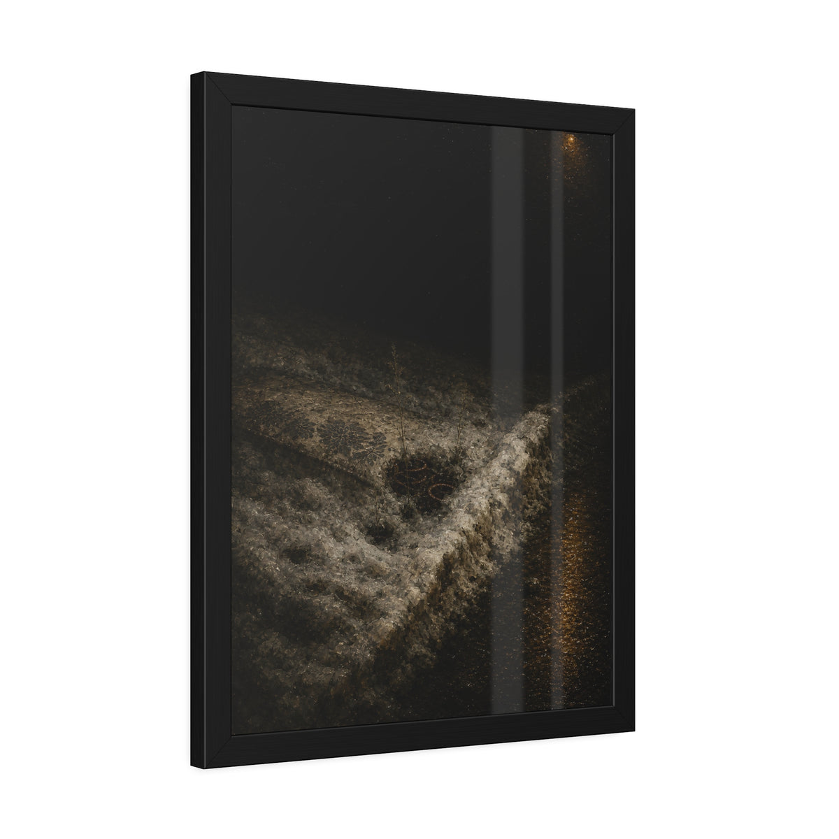 A discarded mattress half buried in snow, a distant streetlight behind. The White Burial by Garabaggio, framed fine art print hanging in a room.