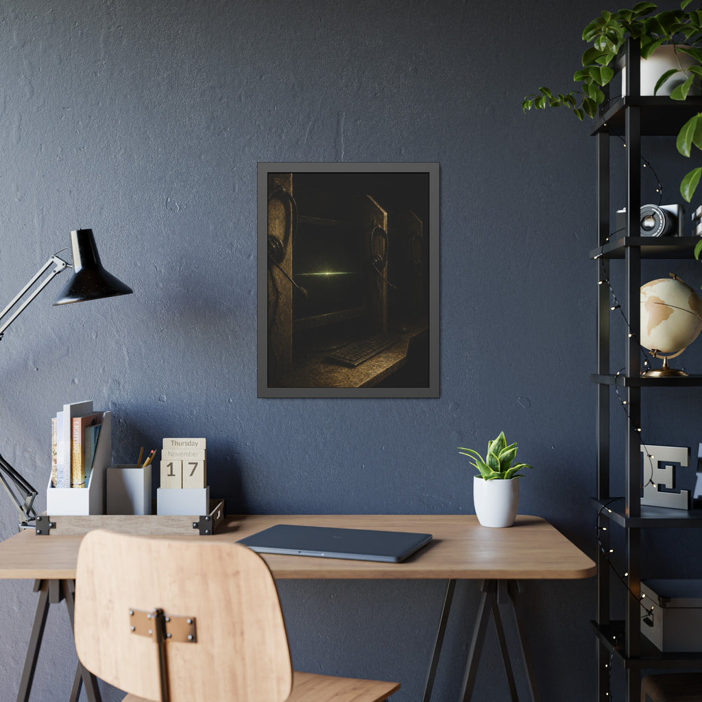Dark cubicle monitors and a headset, one screen holding a thin green line. Power Down by Rows by Garabaggio, framed fine art print hanging in a room.