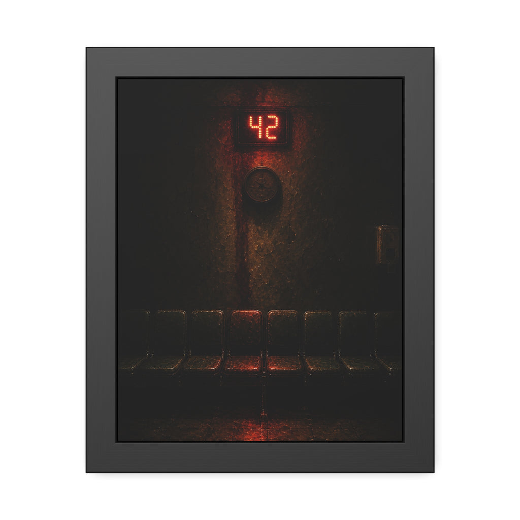 A red number display glowing above an empty row of waiting room chairs. The Number Called at Last by Garabaggio, framed fine art print, 11″ x 14″.