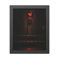 A red number display glowing above an empty row of waiting room chairs. The Number Called at Last by Garabaggio, framed fine art print, 11″ x 14″.