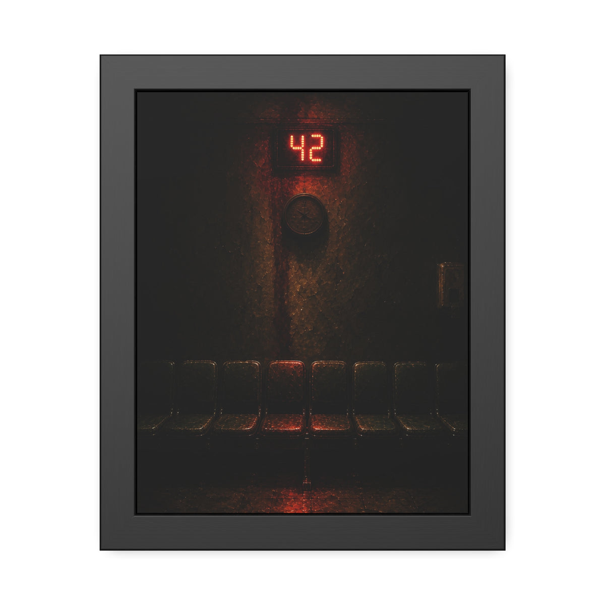 A red number display glowing above an empty row of waiting room chairs. The Number Called at Last by Garabaggio, framed fine art print, 11″ x 14″.