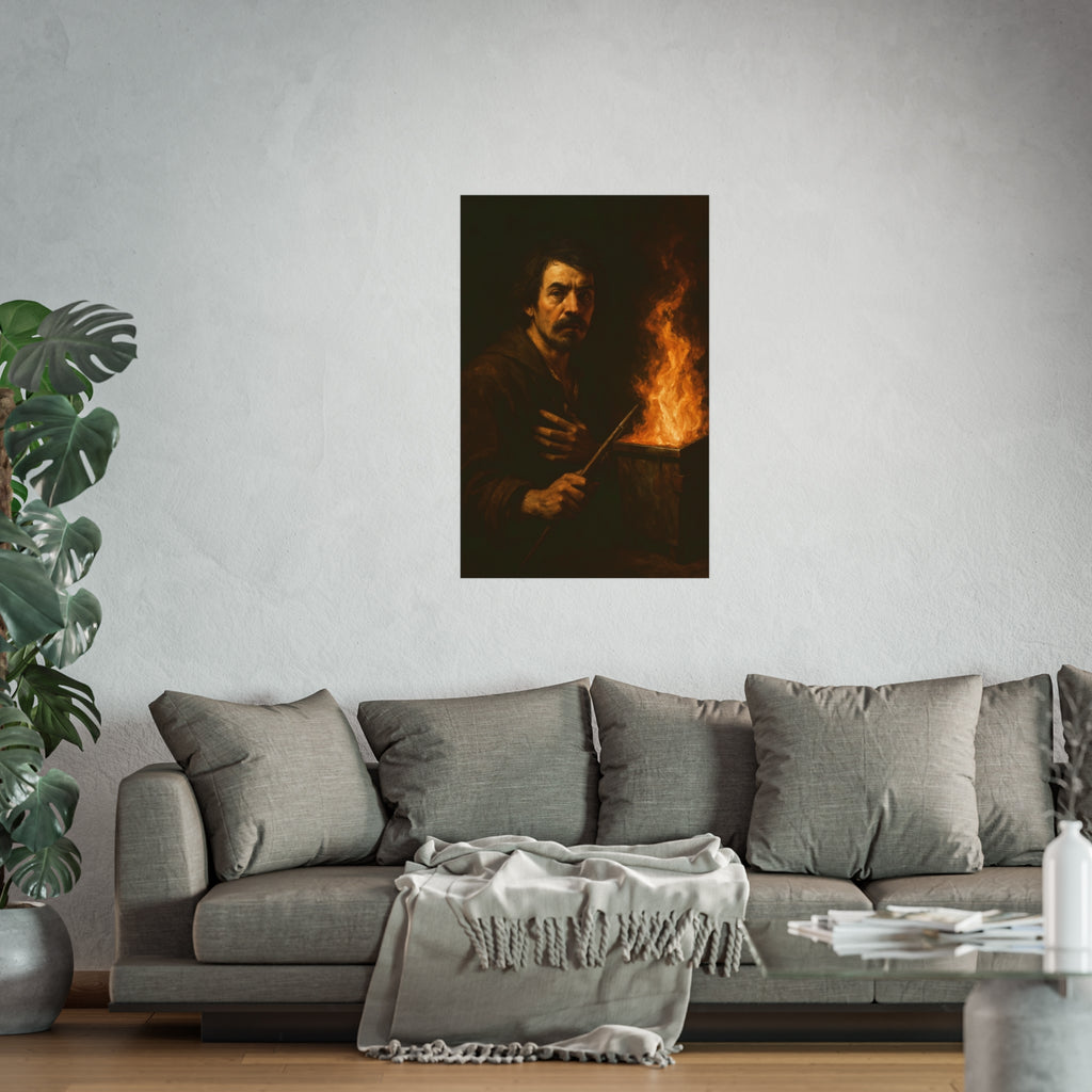 Man holding a long wooden stick, hand on chest, before a burning bin. Self-Portrait with Mahlstick by Garabaggio, fine art print hanging in a room.