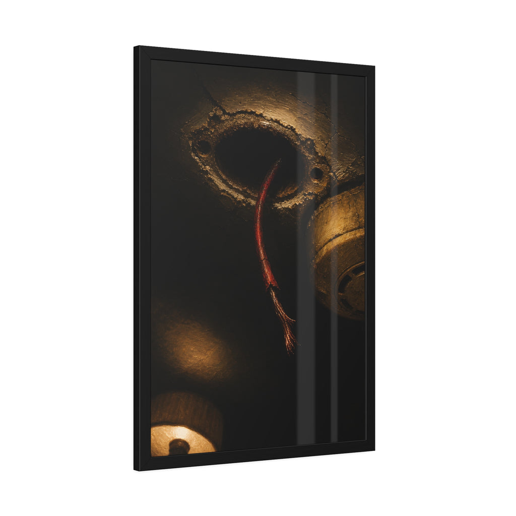 A frayed red wire hanging from a hole in a cracked ceiling. The Loose Red Wire by Garabaggio, framed fine art print hanging in a room.