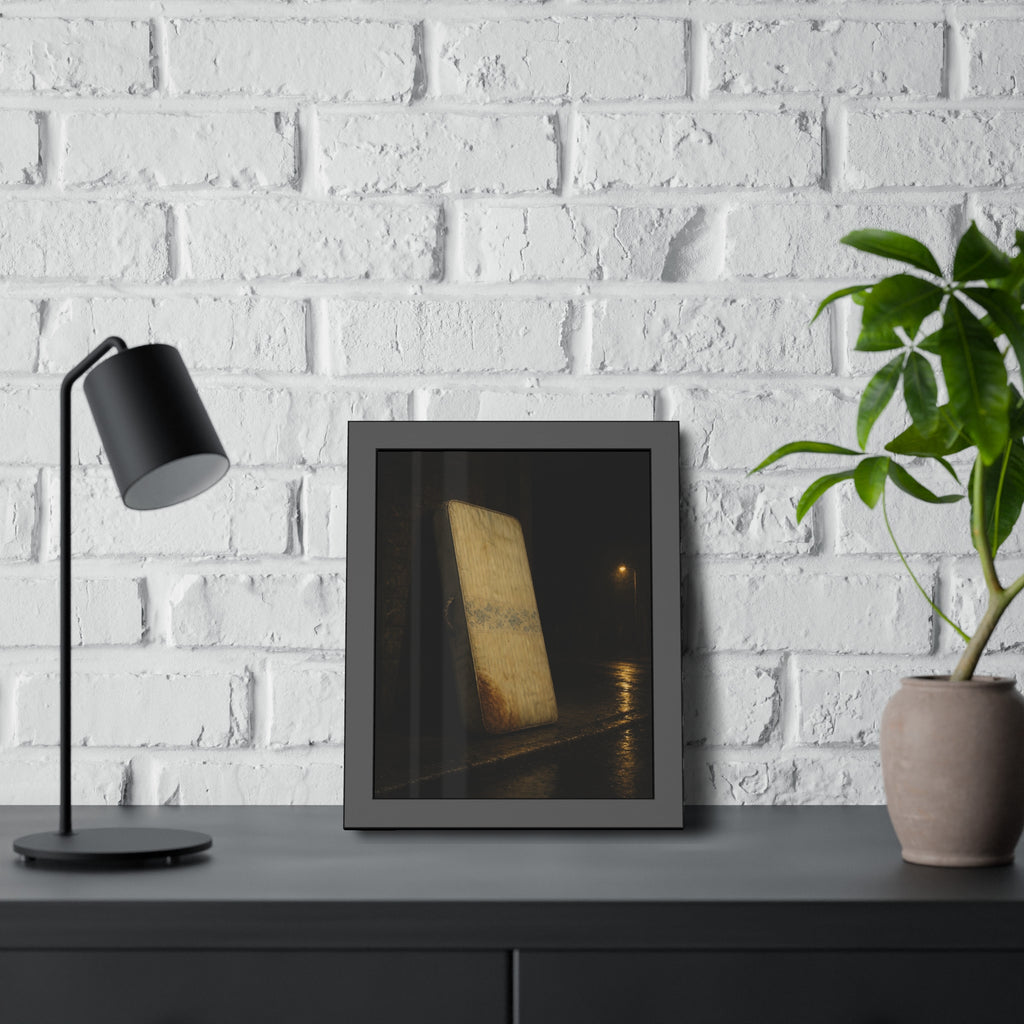 A stained mattress propped on a brick wall along a wet night street. The Presentation Against the Brick by Garabaggio, framed fine art print hanging in a room.