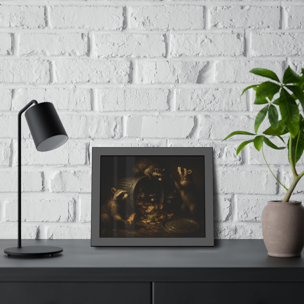 Raccoons around a tipped metal trash can, scattering food scraps. The Vigil of the Midnight Feast by Garabaggio, framed fine art print hanging in a room.
