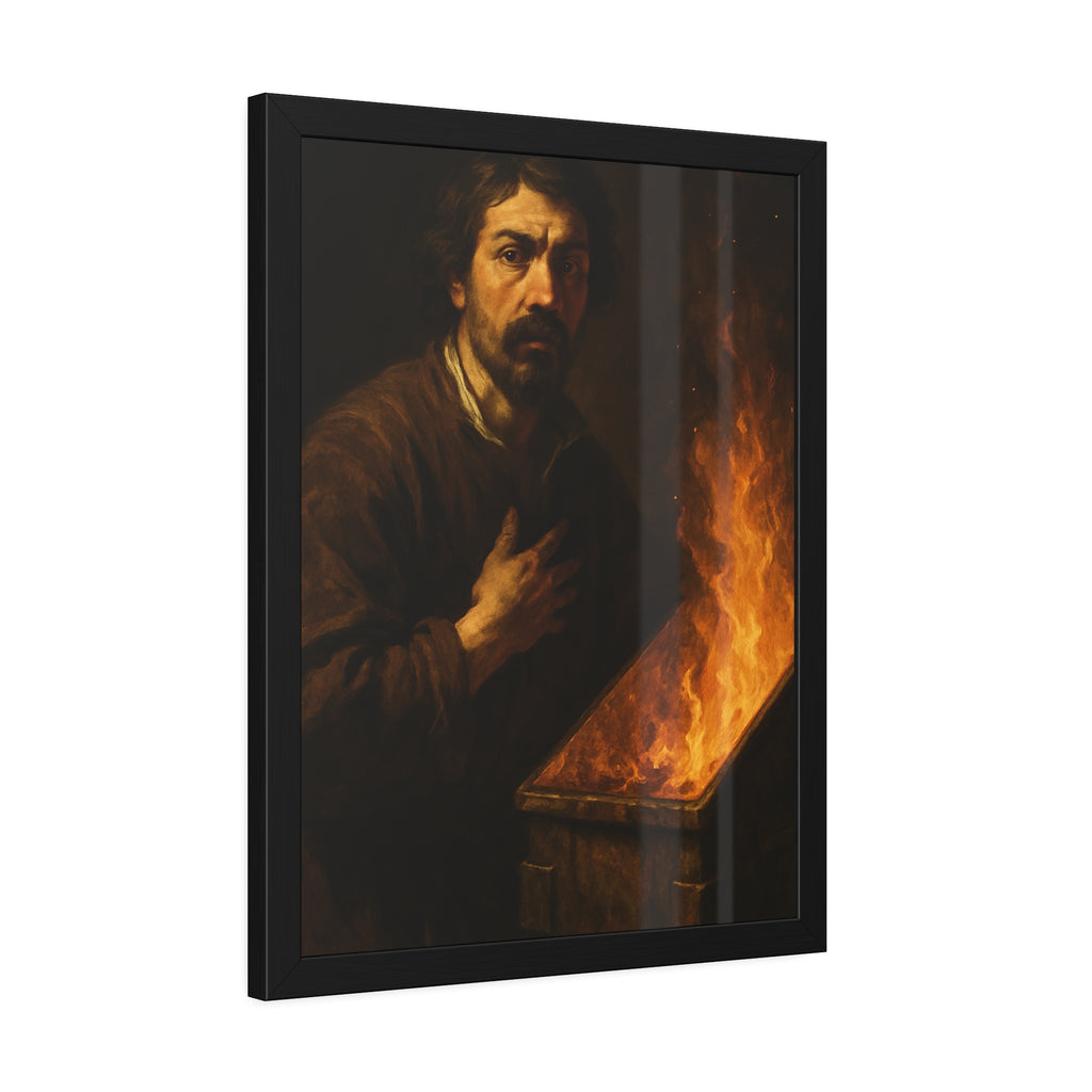 Man with a hand on his chest as flames run the length of a dumpster. Self-Portrait in the Final Hour by Garabaggio, framed fine art print hanging in a room.