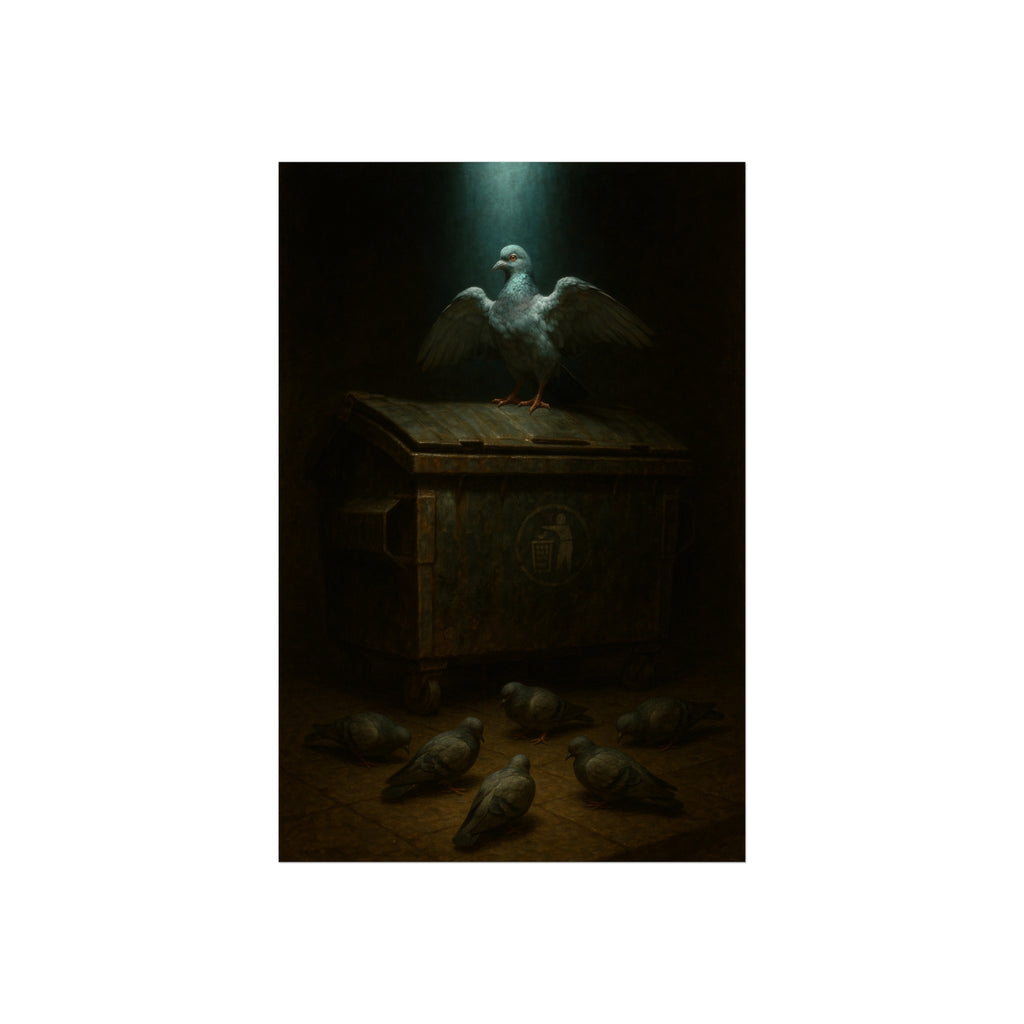 A pigeon with wings spread on a rusted dumpster lid. The Beatification of the Common Pigeon by Garabaggio, fine art print hanging in a room.