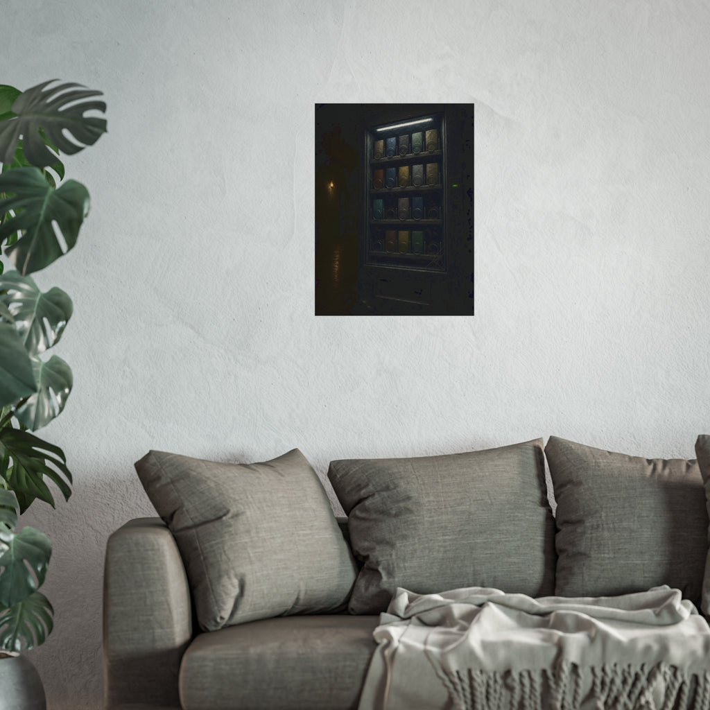 A vending machine with gaps in its rows lighting an empty hallway. The Gaps Spread by Garabaggio, fine art print hanging in a room.