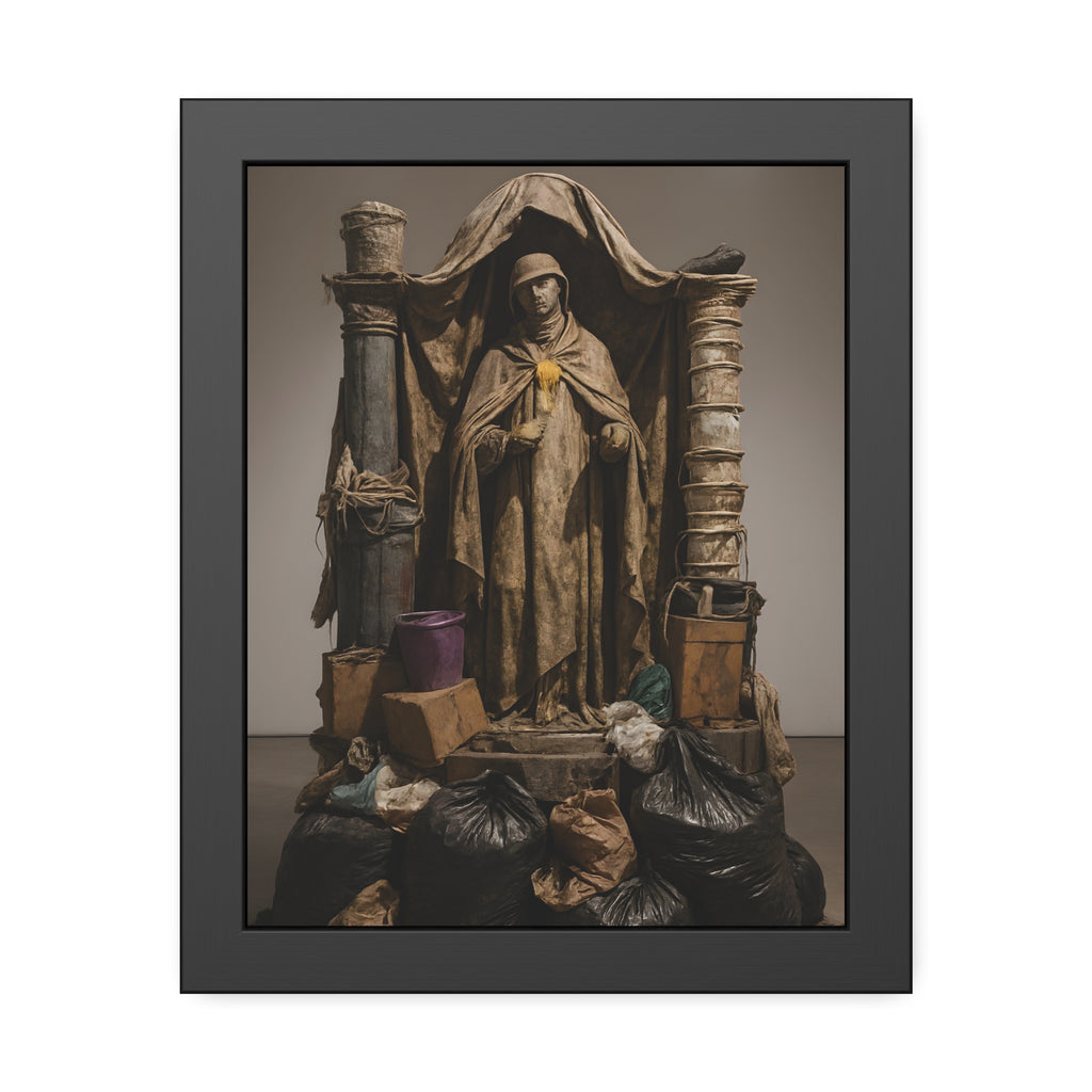 Draped standing figure under a canopy above a heap of black garbage bags. Saint Francis of the Black Bag by Garabaggio, framed fine art print, 11″ x 14″.