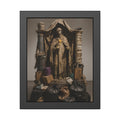 Draped standing figure under a canopy above a heap of black garbage bags. Saint Francis of the Black Bag by Garabaggio, framed fine art print, 11″ x 14″.