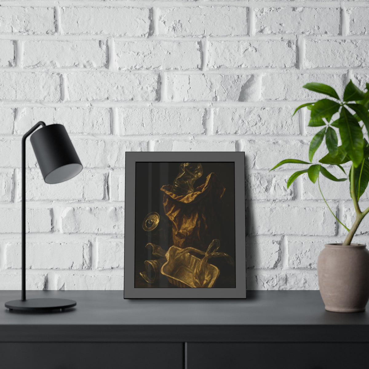 A paper bag, crushed bottle and foil tray lit against deep darkness. Reliquary of the Takeout by Garabaggio, framed fine art print hanging in a room.