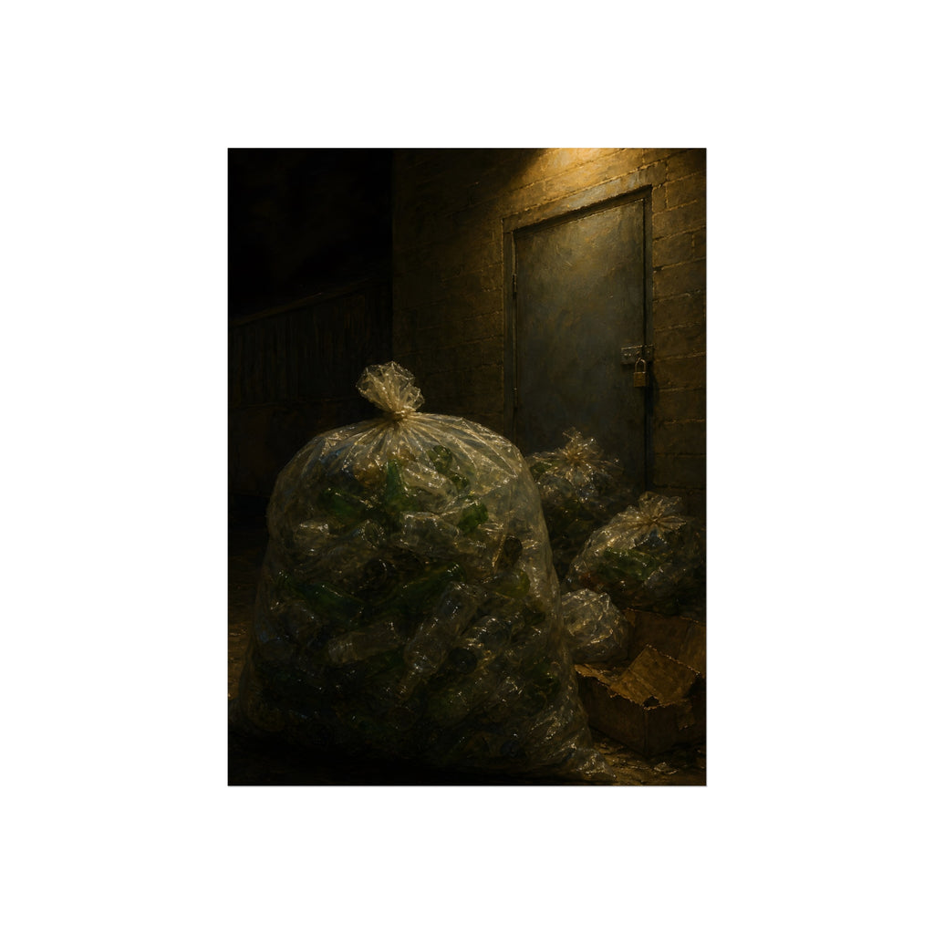 Clear bags of empty bottles piled by a padlocked door under a wall lamp. The Gathering of Empties by Garabaggio, fine art print, 12″ x 16″.