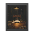 A clean plate and empty chair under a hanging lamp at a used dinner table. The Empty Seat at Dinner by Garabaggio, framed fine art print, 11″ x 14″.