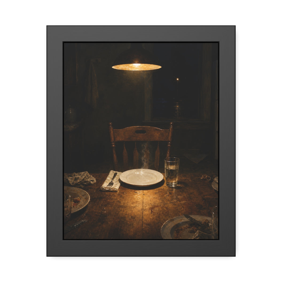 A clean plate and empty chair under a hanging lamp at a used dinner table. The Empty Seat at Dinner by Garabaggio, framed fine art print, 11″ x 14″.