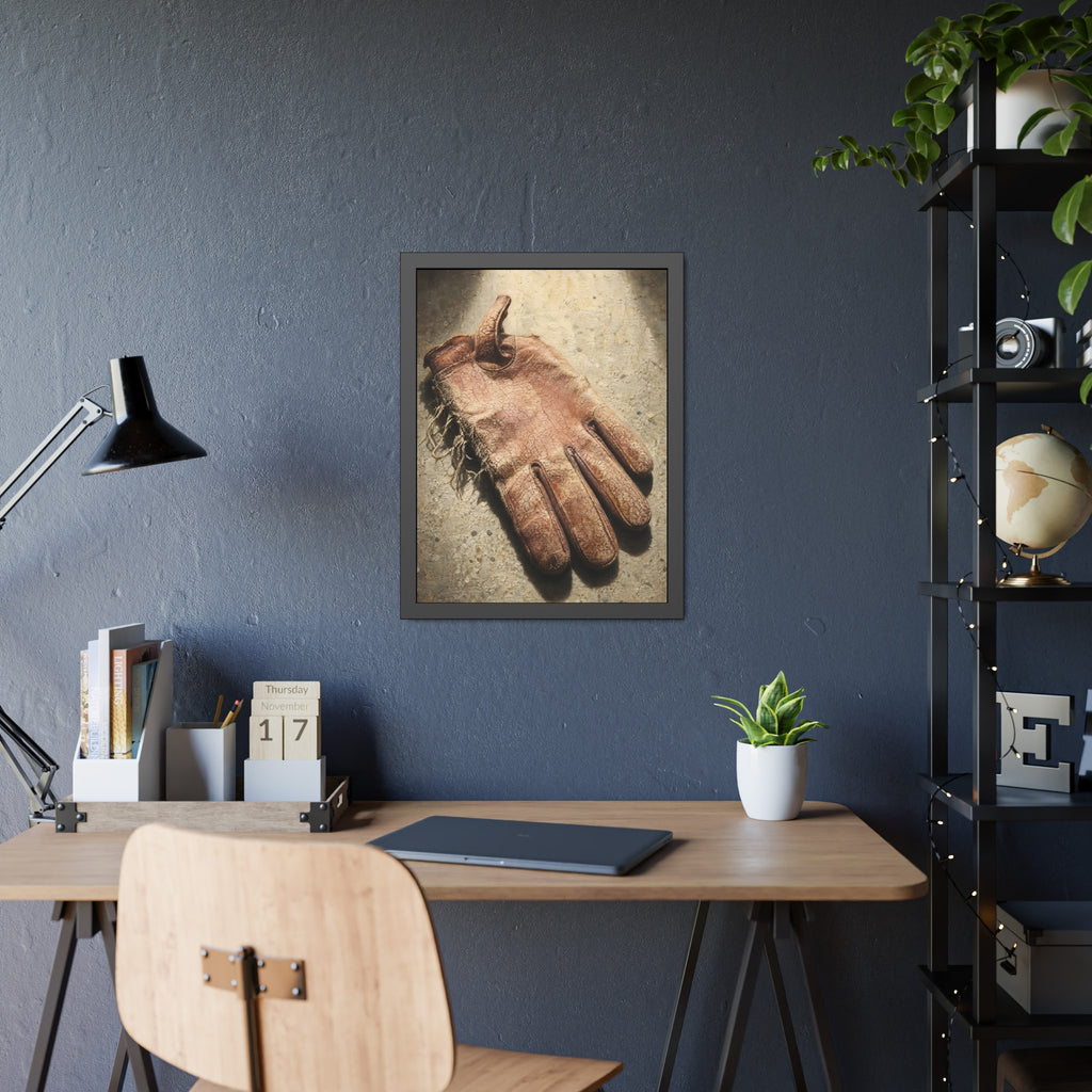 A cracked leather work glove lying on bright sunlit concrete. The Bleaching, Study of a Sun-Tired Glove by Garabaggio, framed fine art print hanging in a room.