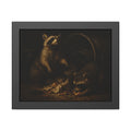 Raccoons feeding on scraps around a tipped metal trash can in the dark. The Calling of St. Trash by Garabaggio, framed fine art print, 14″ x 11″.