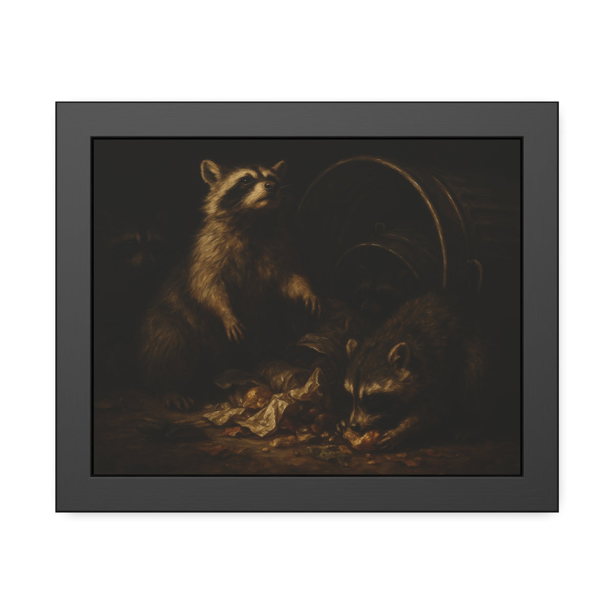 Raccoons feeding on scraps around a tipped metal trash can in the dark. The Calling of St. Trash by Garabaggio, framed fine art print, 14″ x 11″.