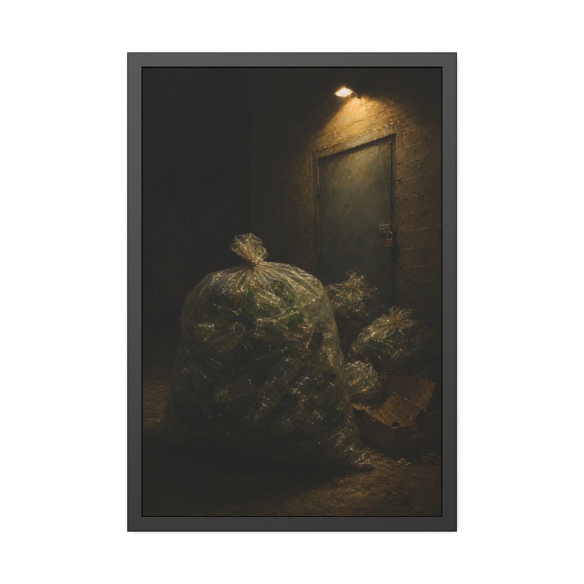 Clear bags of empty bottles piled by a padlocked door under a wall lamp. The Gathering of Empties by Garabaggio, framed fine art print, 24″ x 36″.