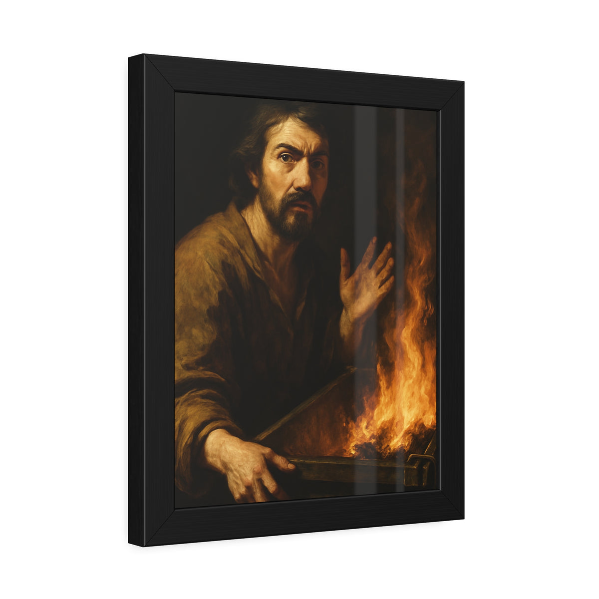 Man gripping the edge of a burning dumpster with one hand raised. Self-Portrait at 3:40 AM by Garabaggio, framed fine art print hanging in a room.
