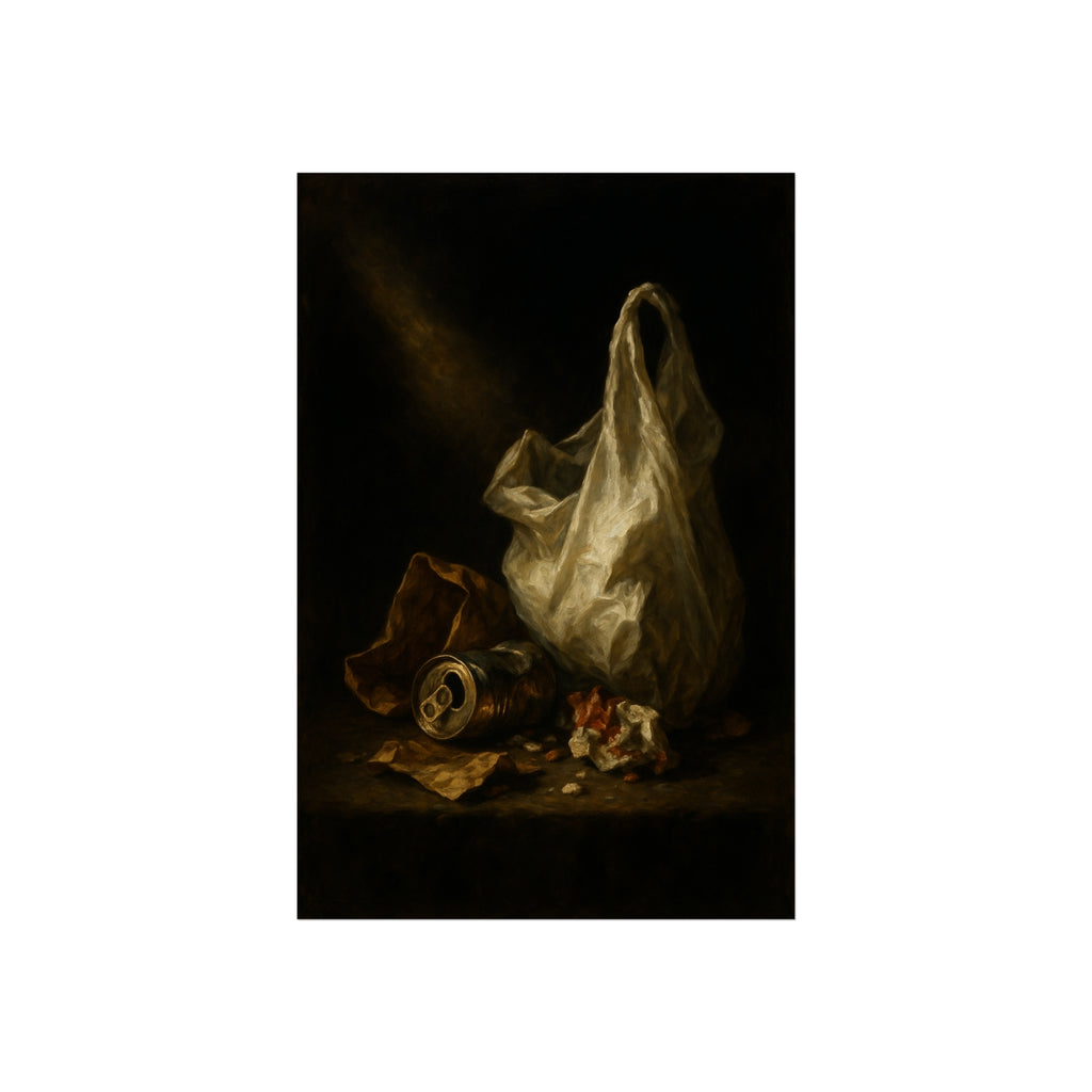 A white plastic bag standing upright in a shaft of light. The Annunciation of the Plastic Bag by Garabaggio, fine art print hanging in a room.