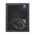A shopping cart stranded on a stone median under a streetlight. The Crossing of the Median by Garabaggio, framed fine art print, 11″ x 14″.