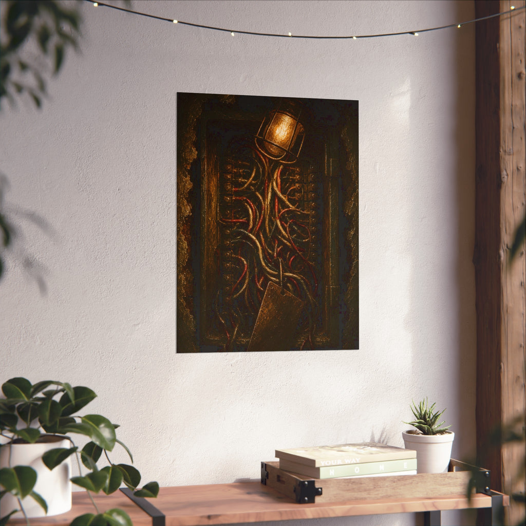 An open intercom box crowded with red and white wires under a bare bulb. The Wires Behind Names by Garabaggio, fine art print hanging in a room.