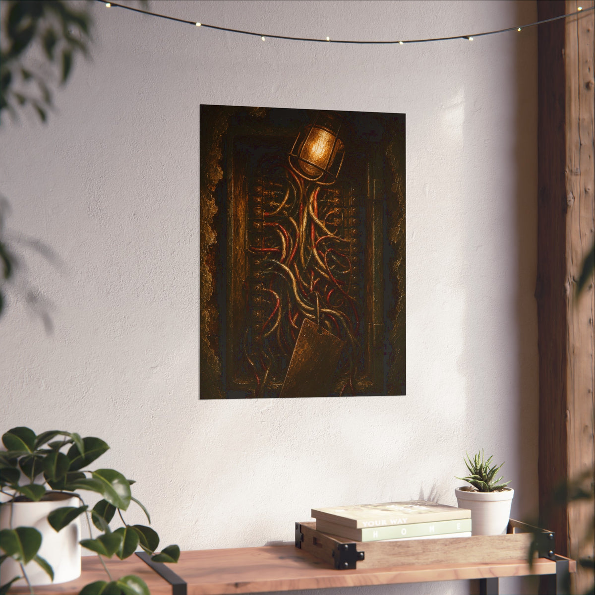 An open intercom box crowded with red and white wires under a bare bulb. The Wires Behind Names by Garabaggio, fine art print hanging in a room.
