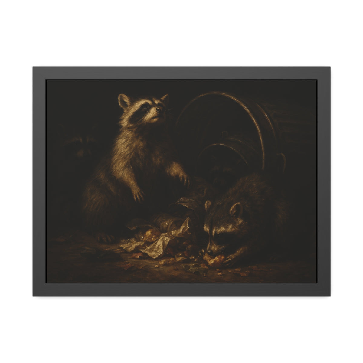 Raccoons feeding on scraps around a tipped metal trash can in the dark. The Calling of St. Trash by Garabaggio, framed fine art print hanging in a room.