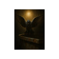 A pigeon with wings spread on a dumpster rim under a lamp in the rain. The Passion (Study in Rain) by Garabaggio, fine art print, 12″ x 16″.