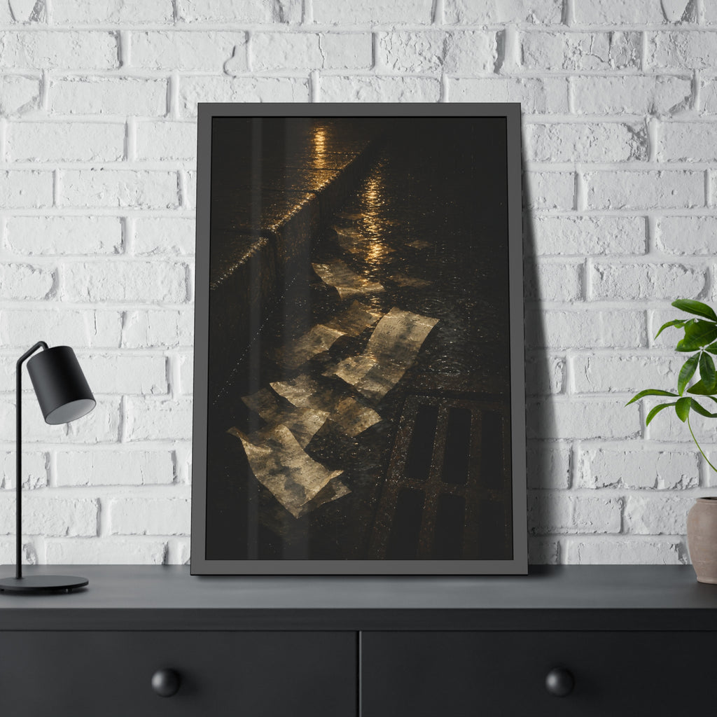 Wet receipts scattered in a gutter beside a storm drain in the rain. The Audit in Rain by Garabaggio, framed fine art print hanging in a room.