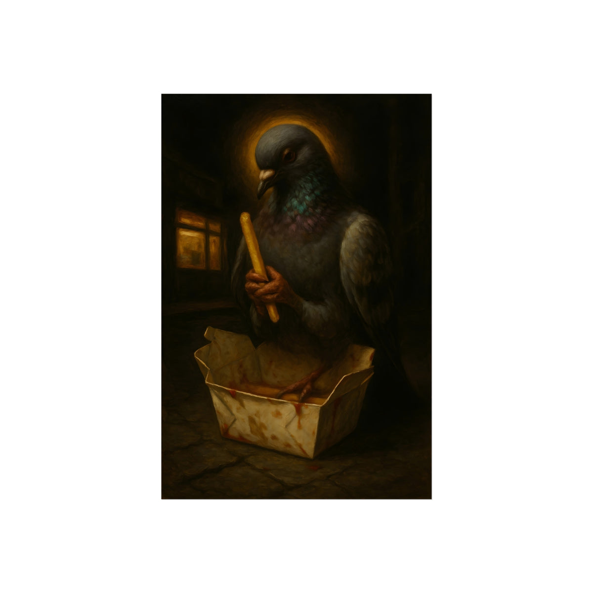 A haloed pigeon holding a french fry over a takeout carton in an alley. Madonna of the Pigeon with Fries by Garabaggio, fine art print hanging in a room.