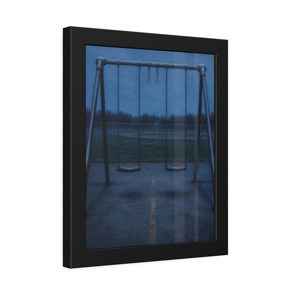 A swing set at dusk with two seats hanging straight. The Sixth Hour: The Seat Hanging Straight by Garabaggio, framed fine art print hanging in a room.