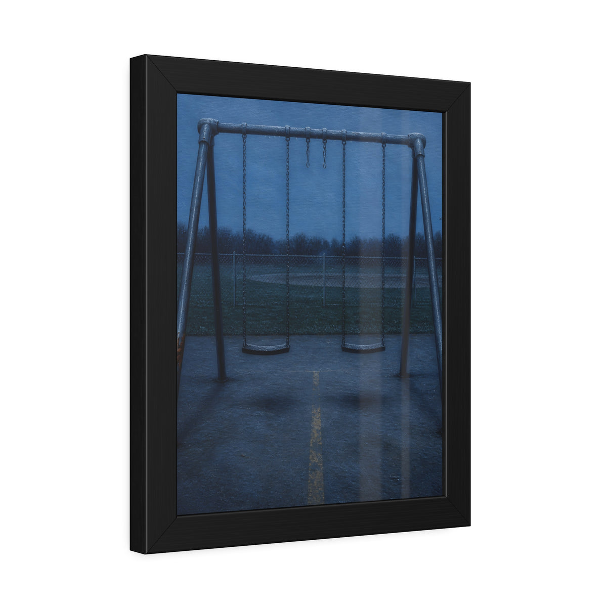 A swing set at dusk with two seats hanging straight. The Sixth Hour: The Seat Hanging Straight by Garabaggio, framed fine art print hanging in a room.