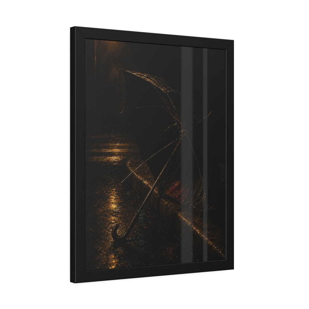An open umbrella with bent ribs on a wet curb under a street lamp. The Presentation at the Crosswalk by Garabaggio, framed fine art print hanging in a room.