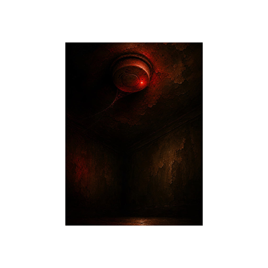 A ceiling smoke detector glowing red in an empty peeling room. The Alarm in an Empty Room by Garabaggio, fine art print, 12″ x 16″.
