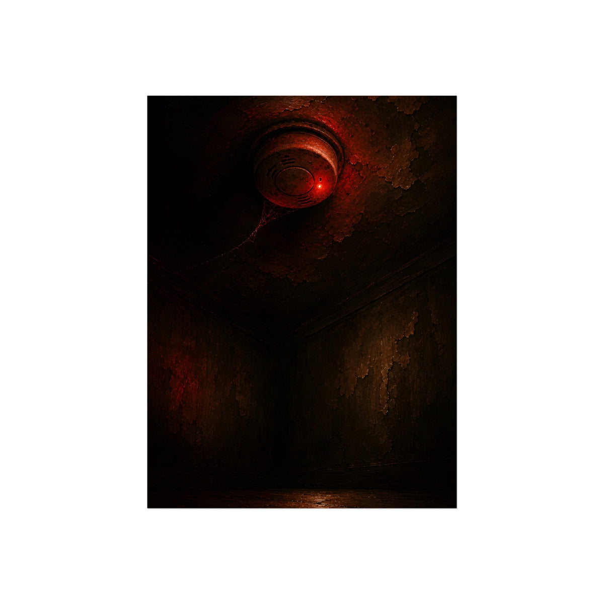 A ceiling smoke detector glowing red in an empty peeling room. The Alarm in an Empty Room by Garabaggio, fine art print, 12″ x 16″.