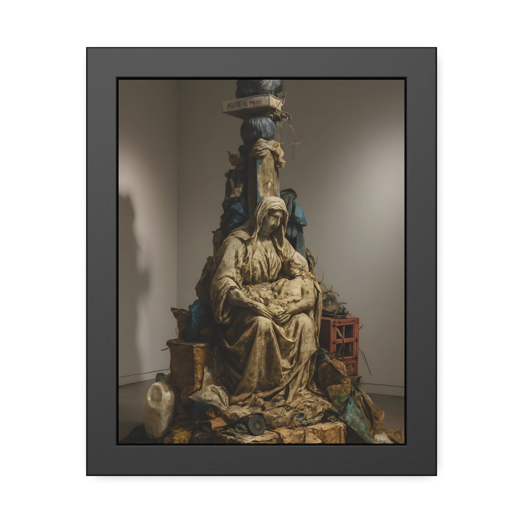 Seated hooded figure cradling a bundle on a mound of bagged refuse. Pietà of the Curbside by Garabaggio, framed fine art print, 11″ x 14″.