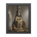 Seated hooded figure cradling a bundle on a mound of bagged refuse. Pietà of the Curbside by Garabaggio, framed fine art print, 11″ x 14″.