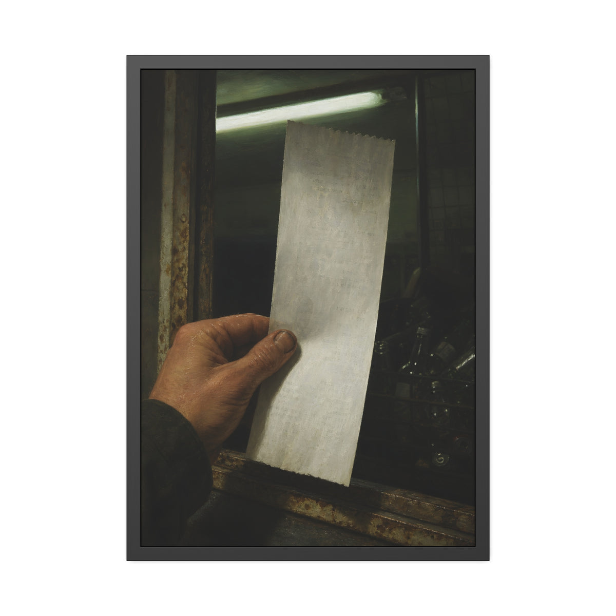 A hand holding a blank slip at a rusted counter window, bottles behind. The Receipt of Absolution by Garabaggio, framed fine art print, 28″ x 40″.