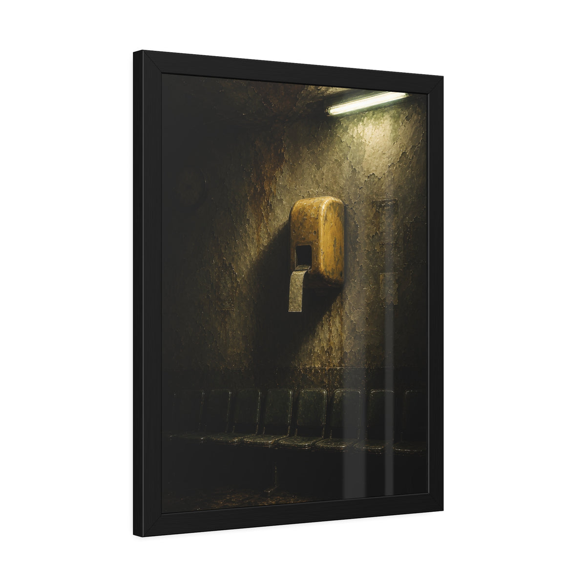 Yellow ticket dispenser on a stained wall above empty seats. Before the First Name by Garabaggio, framed fine art print hanging in a room.