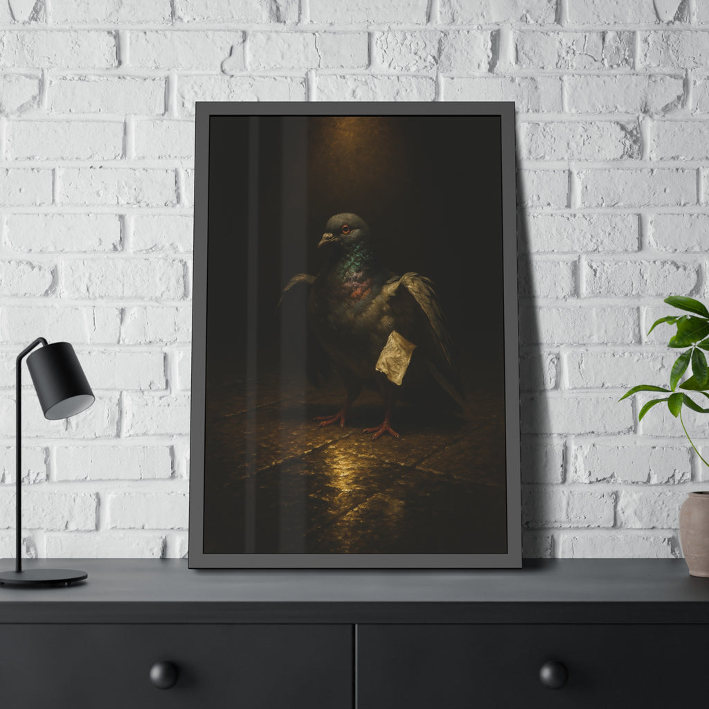 A pigeon with wings half raised, a paper scrap at its side. The Annunciation of the Common Pigeon by Garabaggio, framed fine art print hanging in a room.