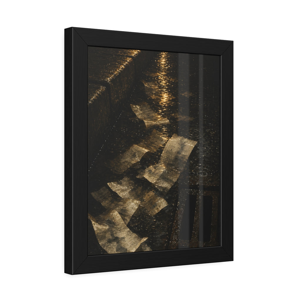 Wet receipts scattered in a gutter beside a storm drain in the rain. The Audit in Rain by Garabaggio, framed fine art print hanging in a room.