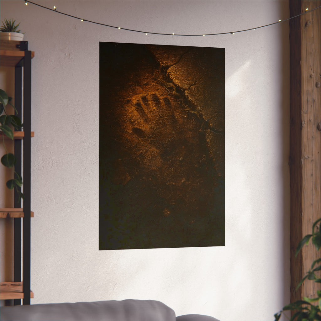 A glove shaped imprint left in cracked asphalt under warm light. The Assumption, or: What Remains by Garabaggio, fine art print hanging in a room.